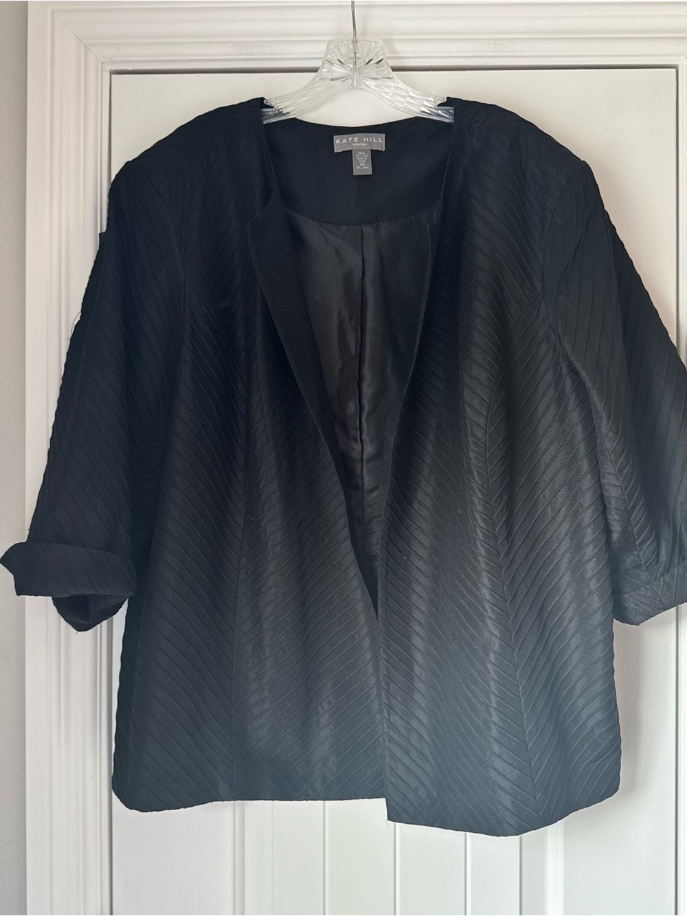 Kate Hill 100%‎ Silk Black Herringbone Print Open Blazer